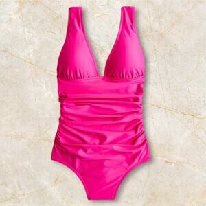 J. Crew Ruched V-Neck One Piece Swimsuit Size 8 Pink BC116 Full Coverage Bottom